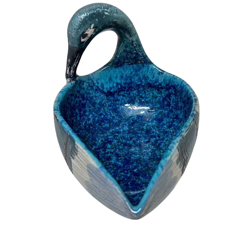 Vintage Italian Pottery Swan Dish Blue Sgraffito Glaze Mid Century 95/191 Italy